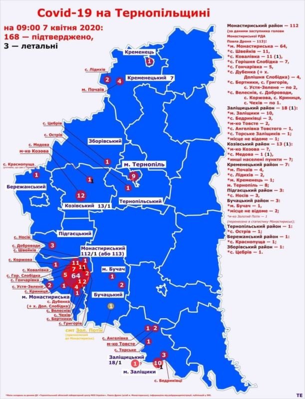 На Тернопільщині – 168 хворих на коронавірус (карта)