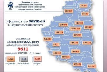 На Тернопільщині за добу підтверджено 385 випадків зараження вірусом COVID-19, п'ятеро людей померло