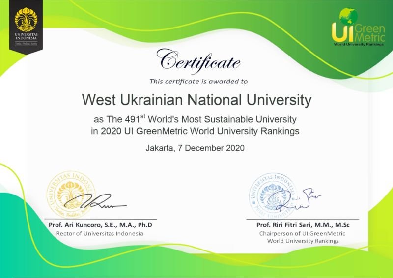 Високі позиції ЗУНУ в рейтингу UI GreenMetric 2020 – вагоме міжнародне визнання класичного університету