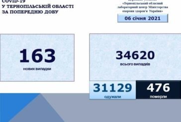 На Тернопільщині за добу виявили 163 нових випадки інфікування коронавірусом, одна людина померла