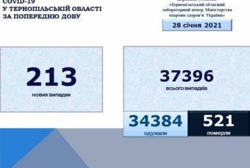 На Тернопільщині за добу виявили 213 нових випадків захворювання на коронавірус, двоє людей померло