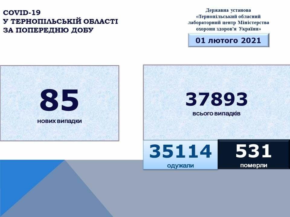 На Тернопільщині за добу виявили 85 нових випадків захворювання на коронавірус, четверо людей померло