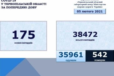 На Тернопільщині за добу виявили 175 нових випадків захворювання на коронавірус, одна людина померла