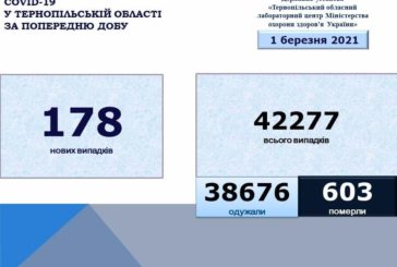 На Тернопільщині за добу виявили 178 нових випадків захворювання на коронавірус, троє людей померло