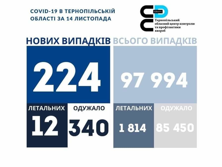 На Тернопільщині за добу виявили 224 нові випадки захворювання на коронавірус, 12 людей померло