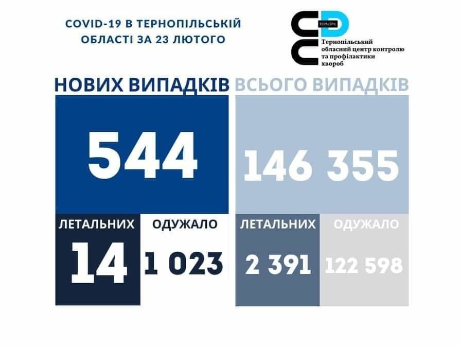 На Тернопільщині за добу виявили 544 нові випадки інфікування коронавірусом, 14 людей померло