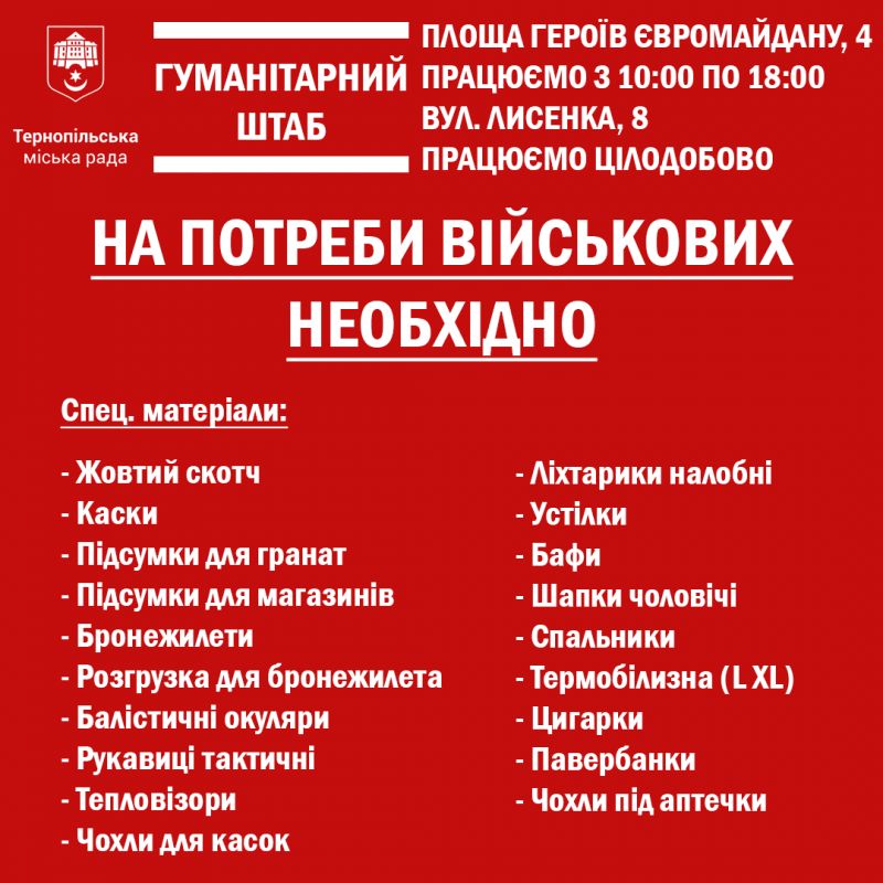 Потреби Тернопільського гуманітарного штабу  на 5 березня 2022 року