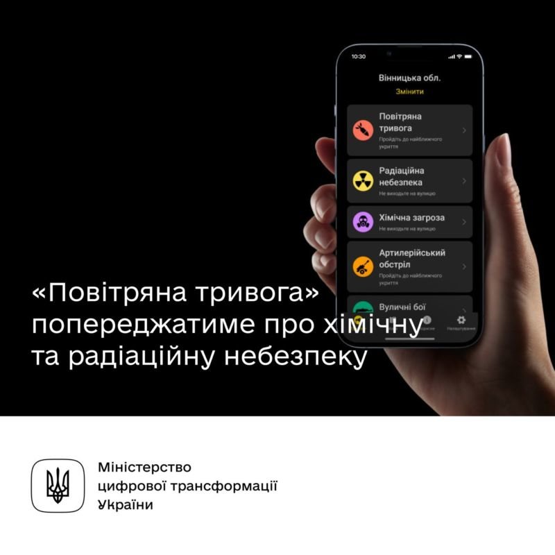 Застосунок «Повітряна тривога» попереджатиме про хімічну та радіаційну небезпеку